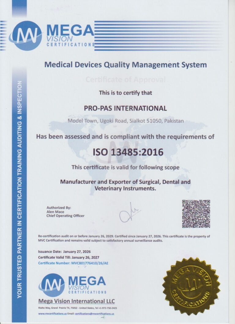 ISO 13485:2016 certificate for Pro-Pas International