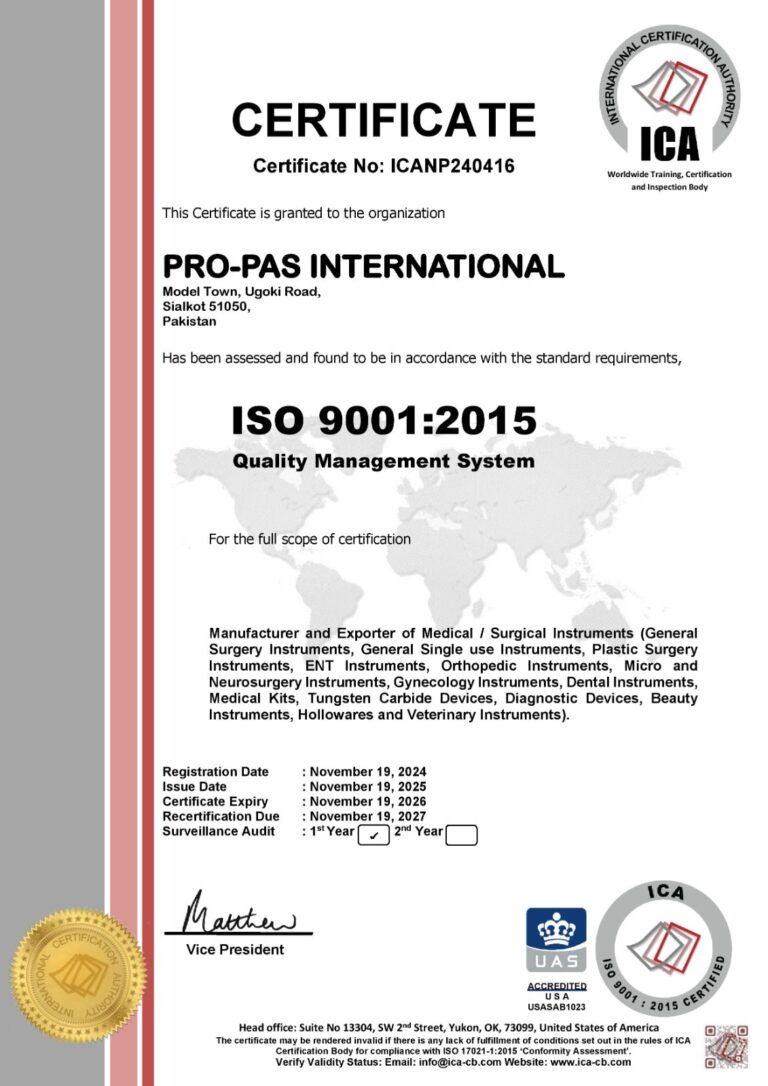 ISO 9001:2015 certificate for Pro-Pas International